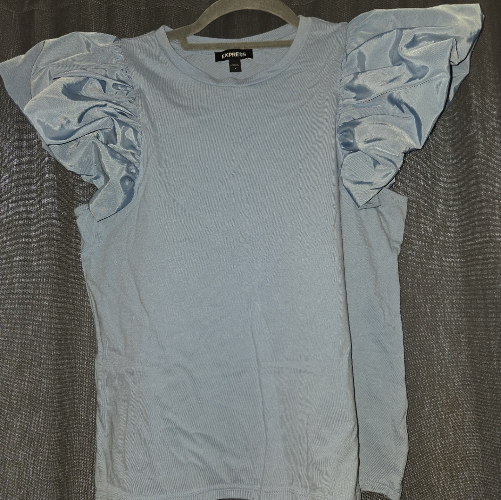 Women's Light Blue Shirt with Ruffled Sleeves